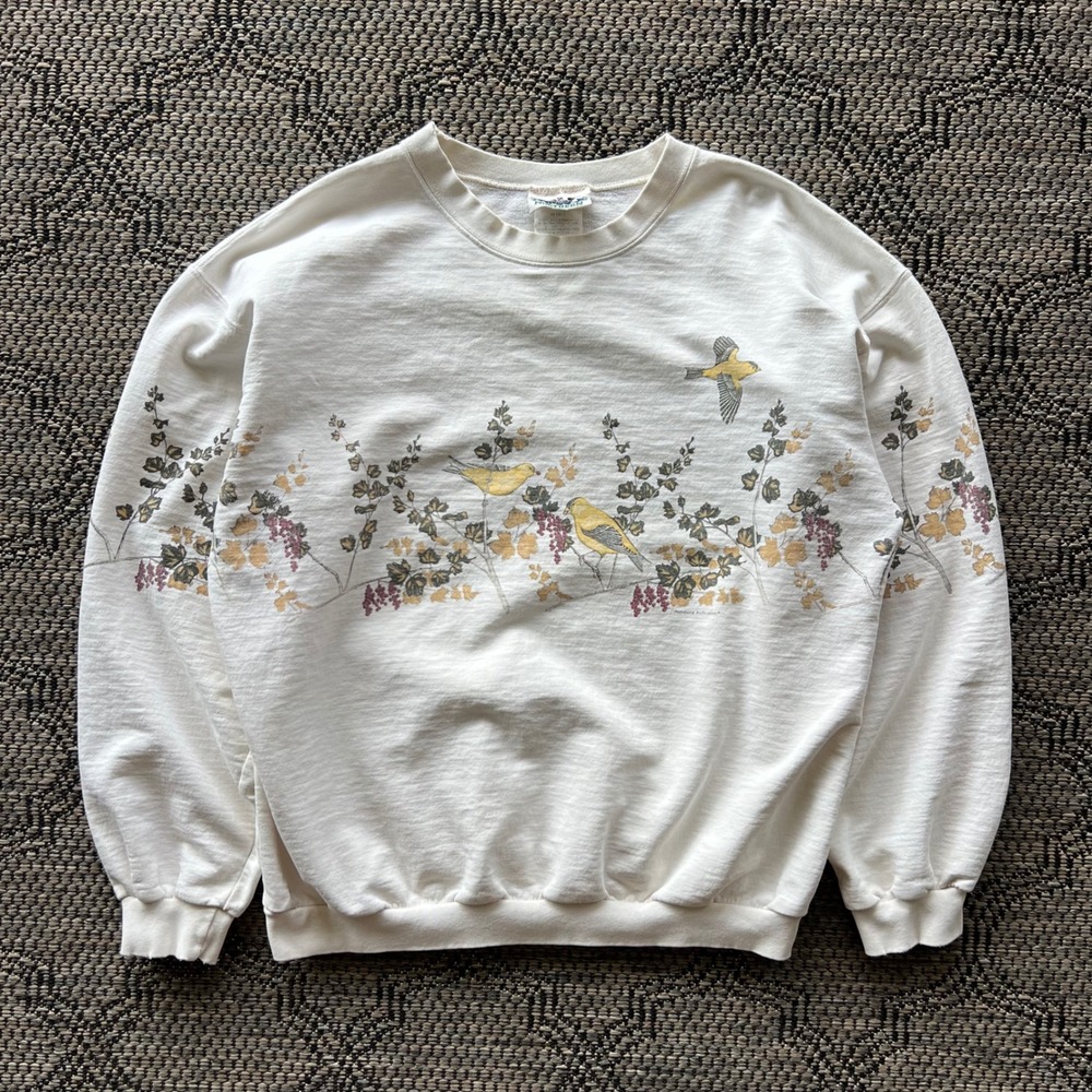 Vintage Northern Reflections Sweater Womens Medium Cream Goldfinch Flower Nature